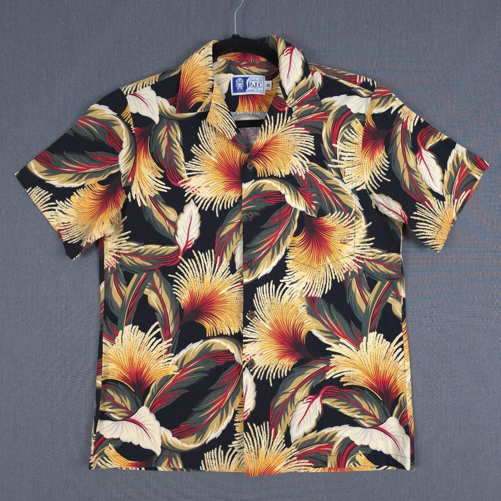 Vintage RJC Hawaiian Shirt Mens Medium Tropical Camp Collar Beach Surf USA
